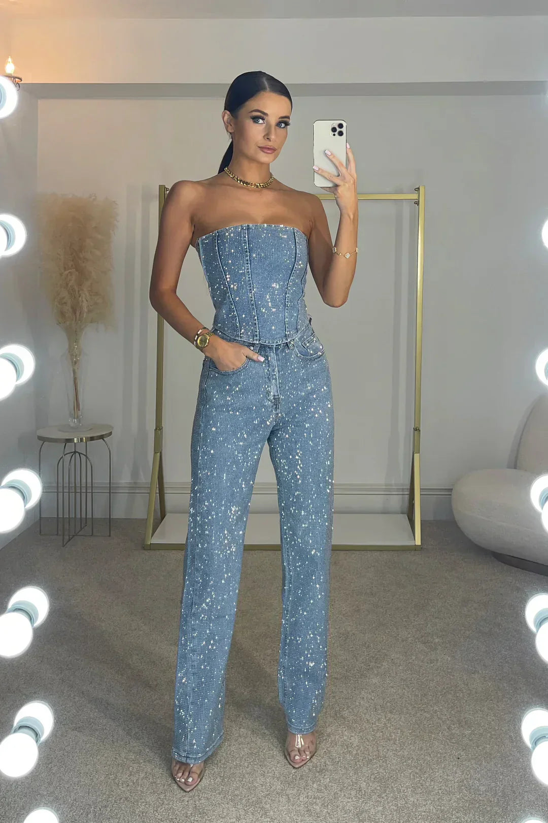 Livia – Strapless Glitter Jumpsuit voor Dames