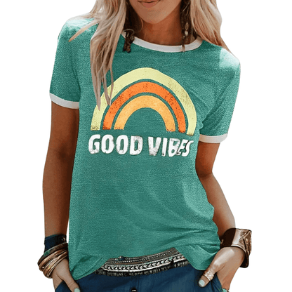 Sofie T-shirt dames – vrolijk T-shirt met regenboogprint en positieve uitstraling