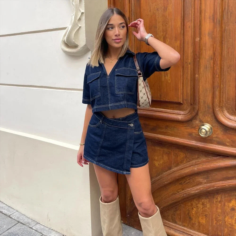 Liv set dames – denim zomerset met speelse elegantie