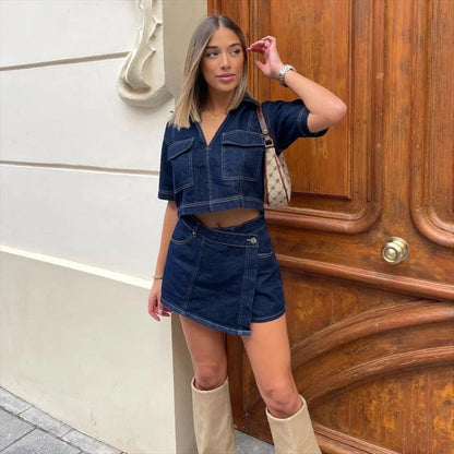 Liv set dames – denim zomerset met speelse elegantie